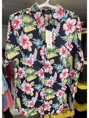 NWT SSLR Men's Hawaiian Shirt Black Floral Cotton Button Up Short Slv Summer M